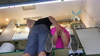 The boss is playing with his sexy shop adjunct pussy while she talks to the customer